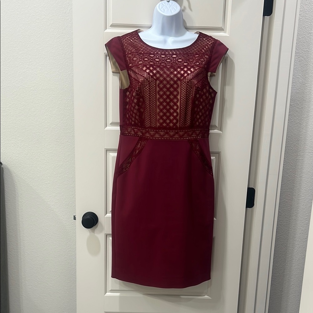 ANTONIO MELANI Maroon (wine) Sheath Midi Dress Cap Sleeve